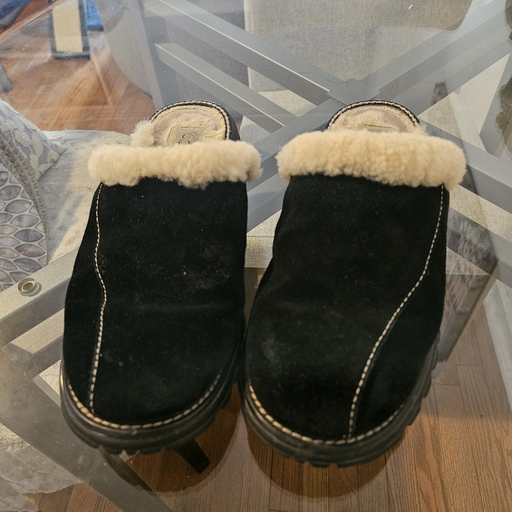 Black Suede Shearling UGG Clogs